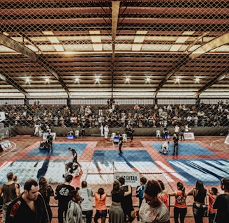 A large indoor arena with a high ceiling, filled with an audience seated on bleachers. In the center, two fighters are engaged in a martial arts competition on blue and red mats. The scene is captured through a mesh fence, adding a textured foreground.