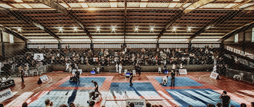 A large indoor arena with a high ceiling, filled with an audience seated on bleachers. In the center, two fighters are engaged in a martial arts competition on blue and red mats. The scene is captured through a mesh fence, adding a textured foreground.